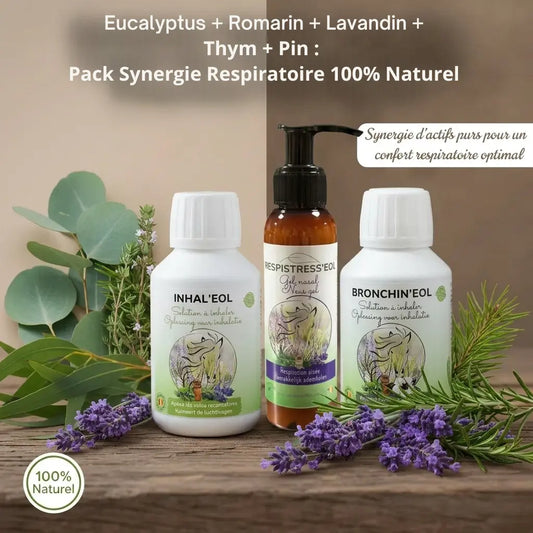Image promotionnelle pour le Pack Synergie Respiratoire d'Eol. Le coffret comprend trois produits naturels pour le confort respiratoire : une solution à inhaler, un gel nasal et une deuxième solution à inhaler. La photo montre les flacons avec leurs ingrédients naturels principaux : eucalyptus, romarin, lavande, thym, pin et sapin.