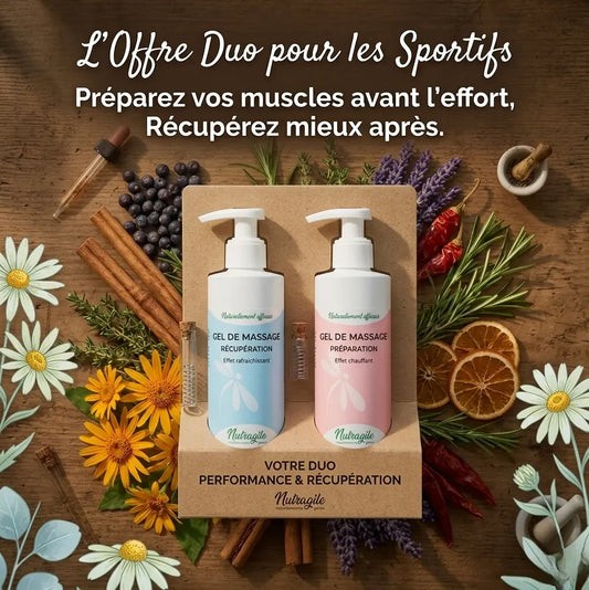 Duo de gels de massage Nutragile pour cheval : un flacon de gel de massage musculaire et articulaire et un flacon de gel de récupération musculaire pour le sport.