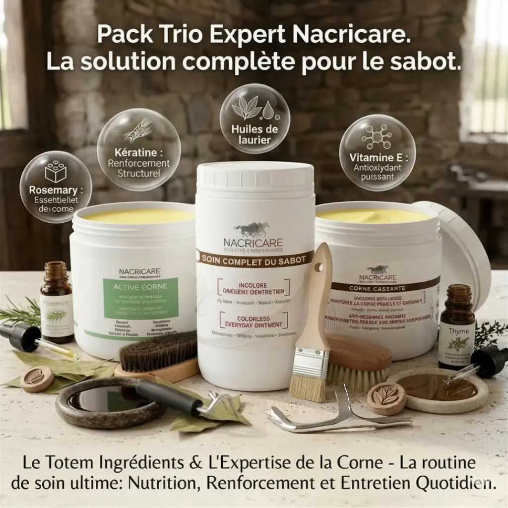 Pack trio Nacricare : soin complet sabots chevaux. Routine naturelle bio-active (laurier, romarin, thym, vitamine E, kératine) pour hydratation, réparation corne cassante, repousse sabot et renforcement structurel. Traitement expert maréchalerie sans goudron.
