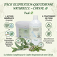 Visuel du Pack Respiration Quotidienne Naturelle pour cheval par Nutragile. Présentation de deux produits complémentaires : le complément liquide Respiration (action immédiate et apaisante) et le Thym en poudre pure (traitement de fond, désinfectant et expectorant). L'image inclut des feuilles d'eucalyptus et des fleurs de thym sur un fond clair, soulignant une solution naturelle complète pour le confort respiratoire équin