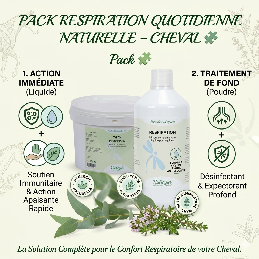 Visuel du Pack Respiration Quotidienne Naturelle pour cheval par Nutragile. Présentation de deux produits complémentaires : le complément liquide Respiration (action immédiate et apaisante) et le Thym en poudre pure (traitement de fond, désinfectant et expectorant). L'image inclut des feuilles d'eucalyptus et des fleurs de thym sur un fond clair, soulignant une solution naturelle complète pour le confort respiratoire équin
