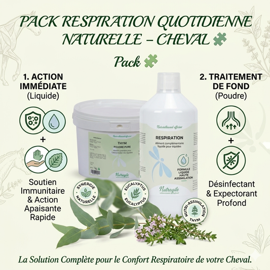 Visuel du Pack Respiration Quotidienne Naturelle pour cheval par Nutragile. Présentation de deux produits complémentaires : le complément liquide Respiration (action immédiate et apaisante) et le Thym en poudre pure (traitement de fond, désinfectant et expectorant). L'image inclut des feuilles d'eucalyptus et des fleurs de thym sur un fond clair, soulignant une solution naturelle complète pour le confort respiratoire équin