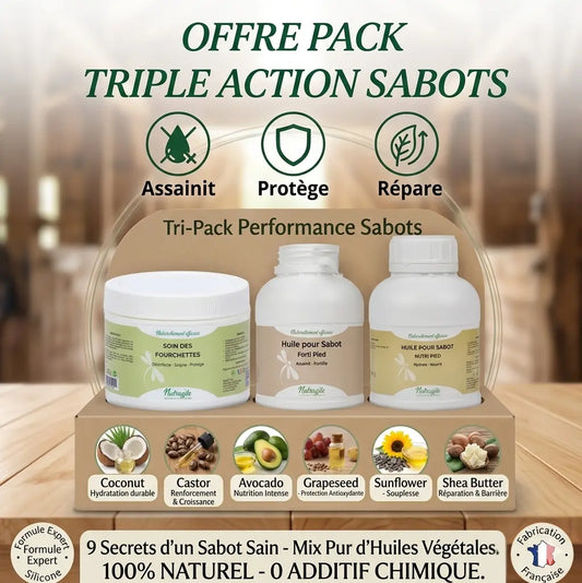 Visuel promotionnel Nutragile présentant le "Tri-Pack Performance Sabots".
Le coffret regroupe trois soins complémentaires : le Soin des Fourchettes, l'huile Forti Pied et l'huile Nutri Pied. En haut, trois icônes soulignent l'action "Assainit, Protège, Répare". Le bas de l'image met en avant une composition 100% naturelle via six ingrédients clés (Coco, Ricin, Avocat, Raisin, Tournesol, Karité).
L'ensemble garantit une fabrication française sans additifs chimiques pour une santé optimale du sabot.