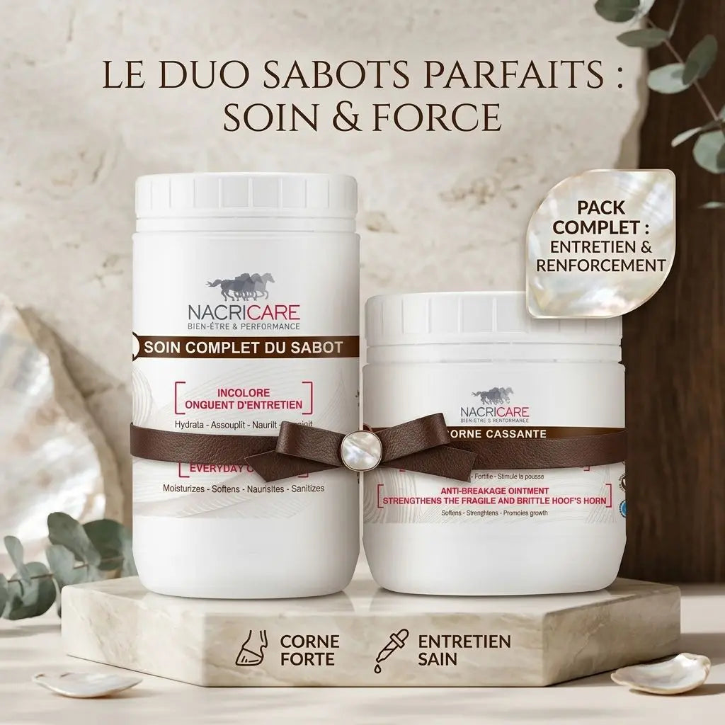 Pack duo Nacricare : soin complet sabots chevaux. Routine naturelle bio-active (laurier, romarin, thym, vitamine E, kératine) pour hydratation, réparation corne cassante,  renforcement structurel. Traitement expert maréchalerie sans goudron.