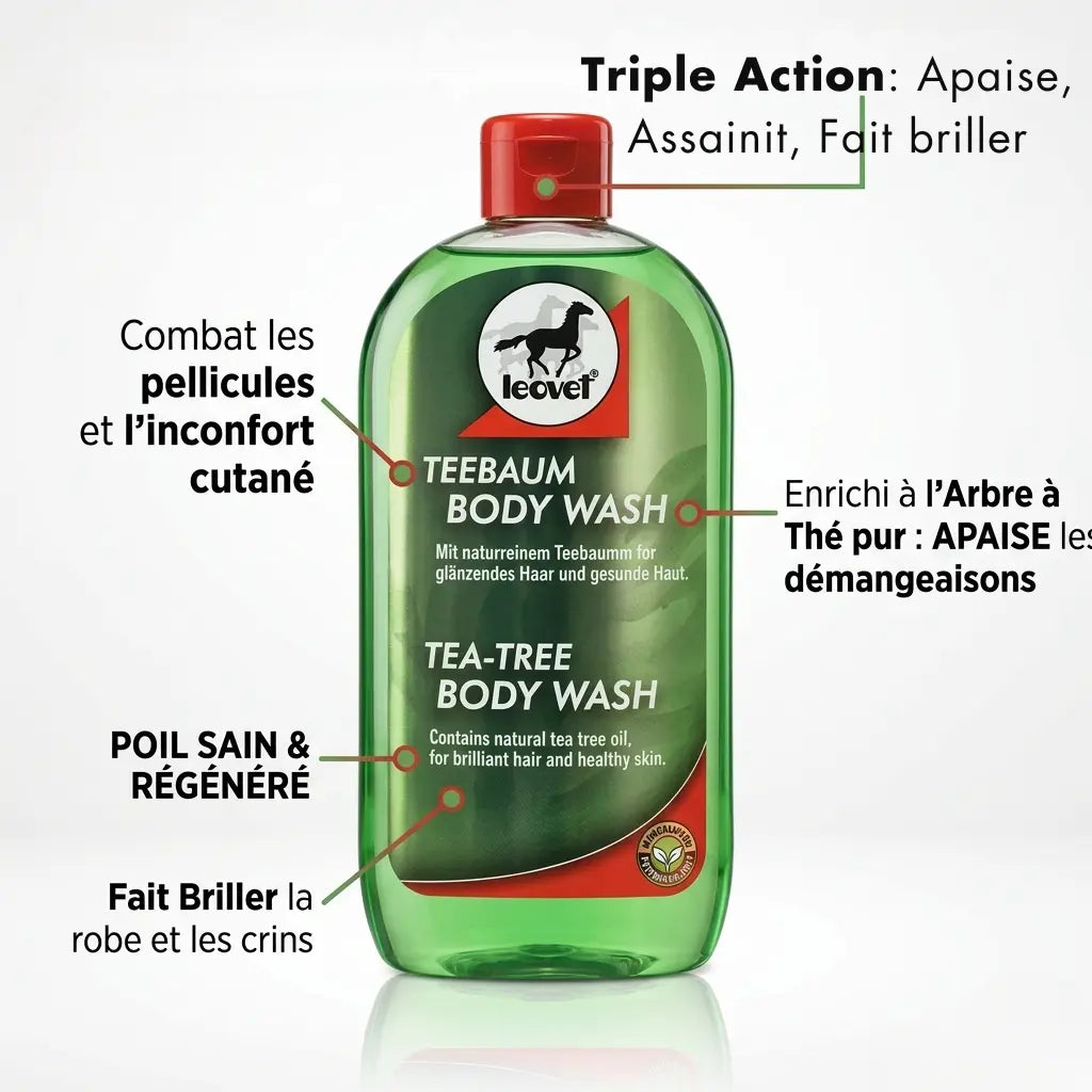 Shampoing Leovet Tea Tree pour cheval : apaise les démangeaisons et fait briller le poil.
