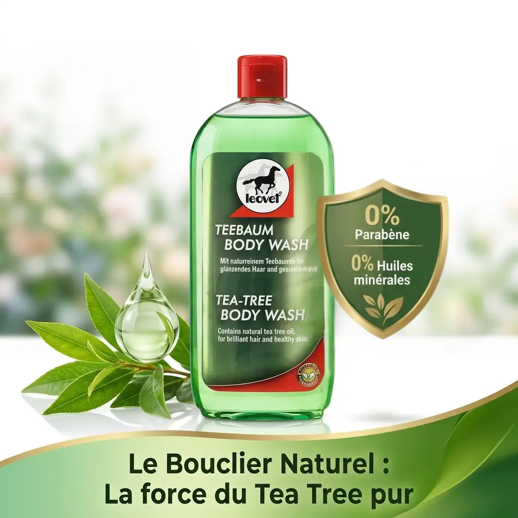 Ingrédients naturels du shampoing Leovet : huile essentielle d'arbre à thé sans parabène.