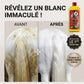 Avant après shampoing camomille sur un cheval blanc : élimine le jaunissement de la robe.