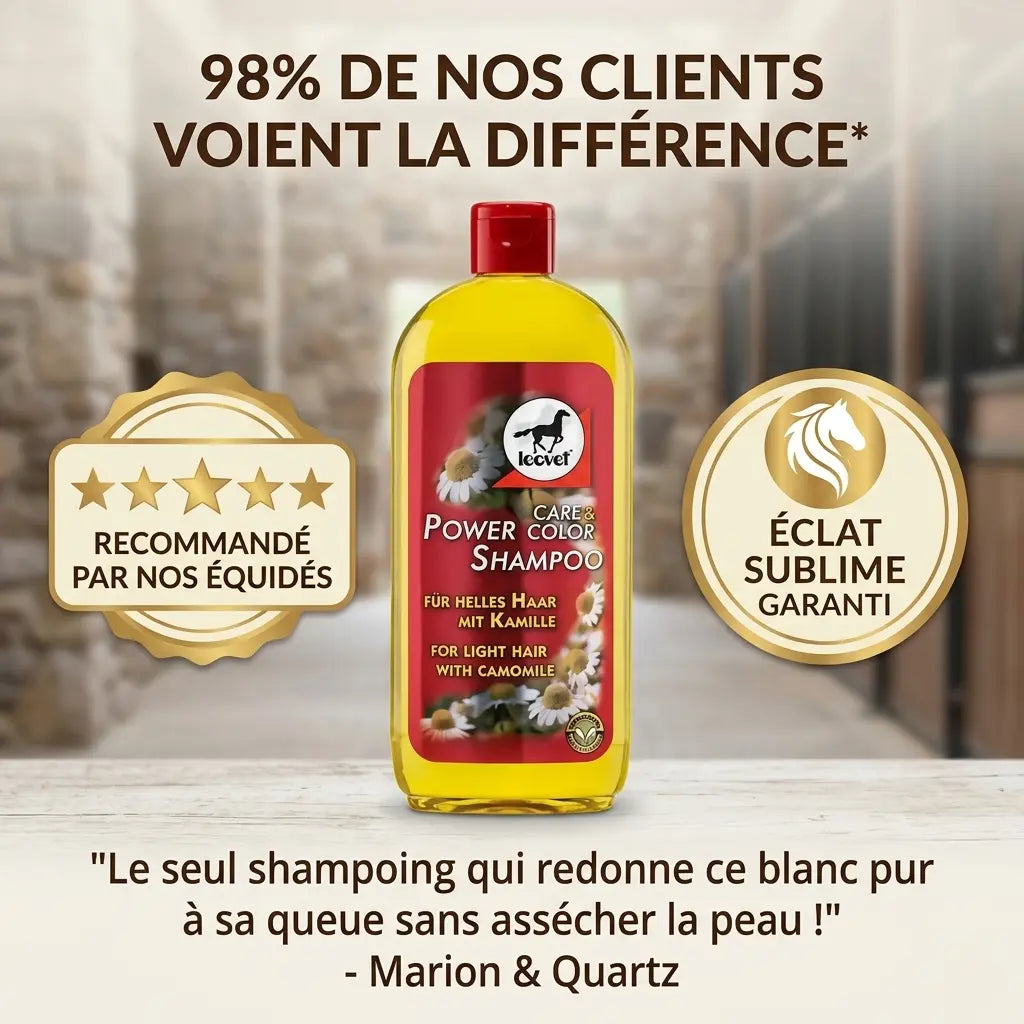 Avis client 5 étoiles sur le shampoing camomille pour l'éclat des chevaux gris et blancs.