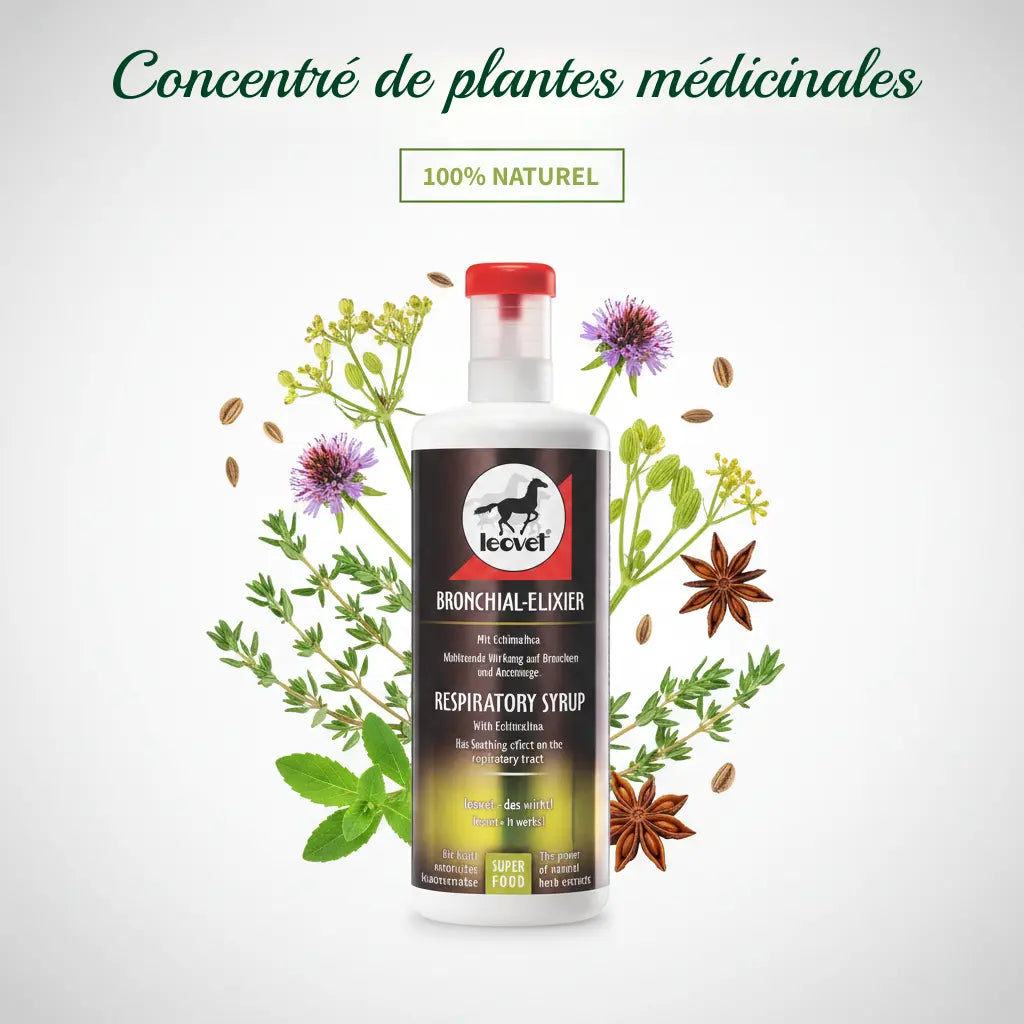 Sirop naturel pour chevaux Leovet aux extraits d'anis, fenouil et thym.