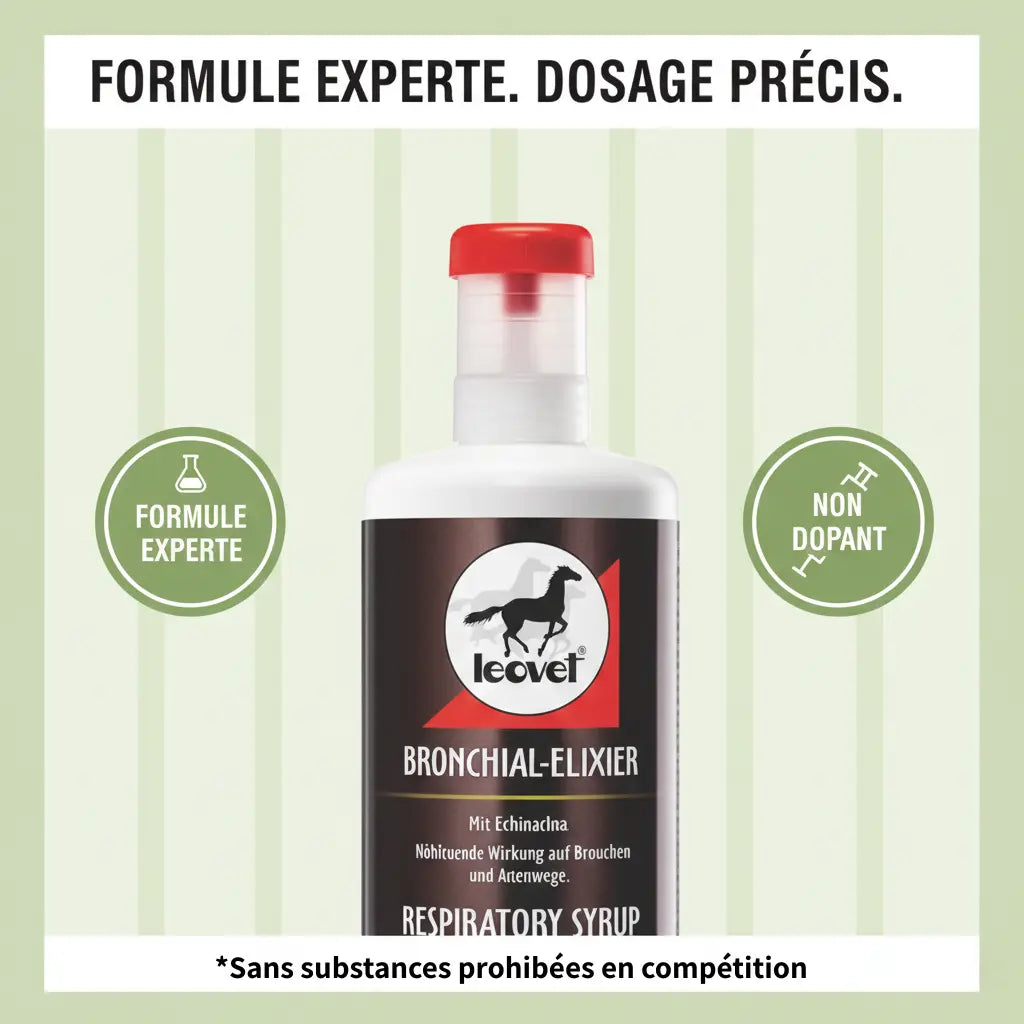 Flacon Leovet avec doseur : soin respiratoire cheval conforme et sécurisé.