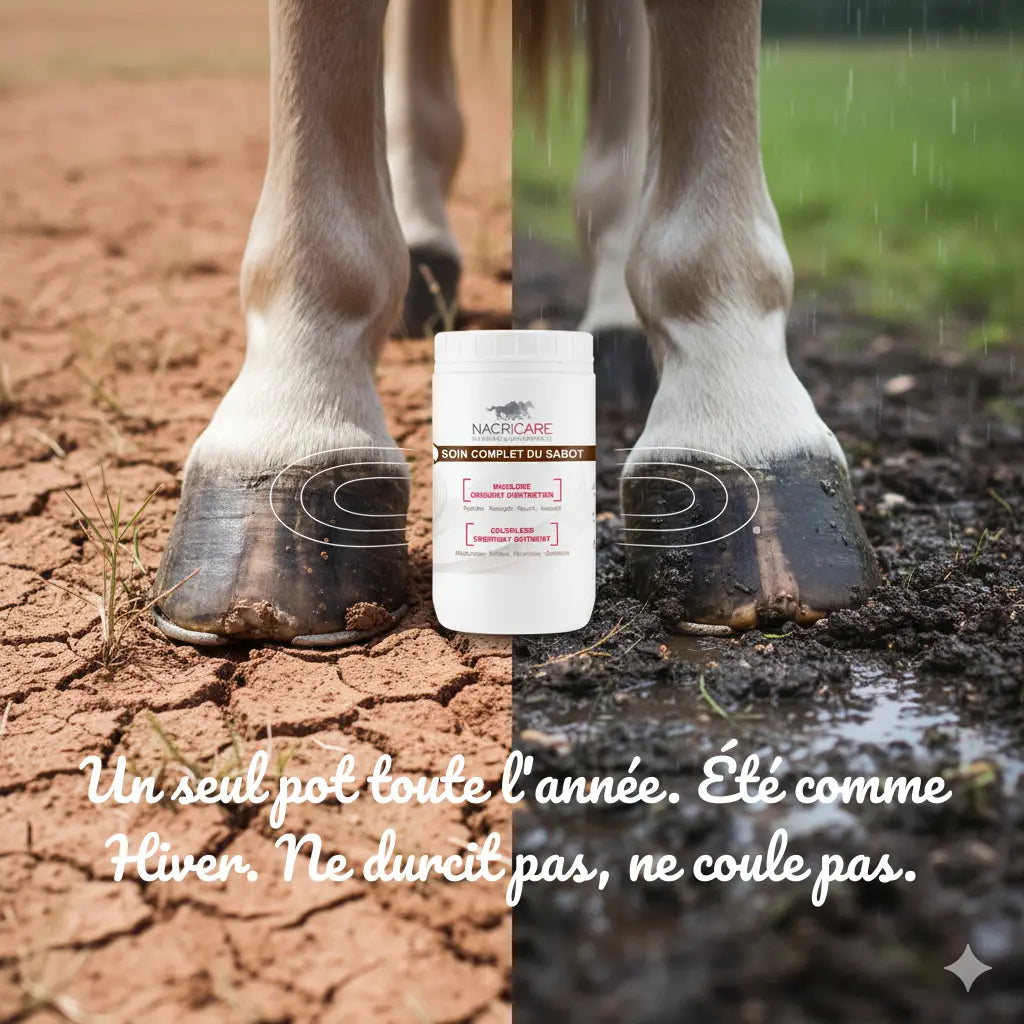 Graisse sabot cheval toutes saisons Nacricare : protège de l'humidité et de la sécheresse.