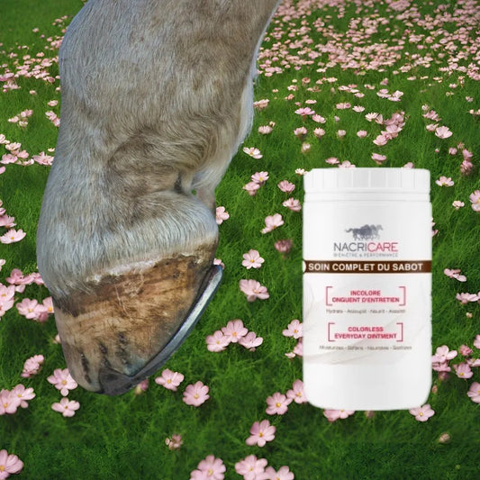 Sabot de cheval sain et brillant grâce à la graisse Soin Complet Nacricare, corne souple et forte.