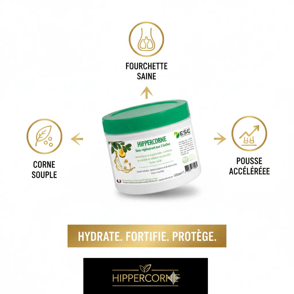 Infographie des bénéfices du soin sabot Hippercorne : pousse et protection.