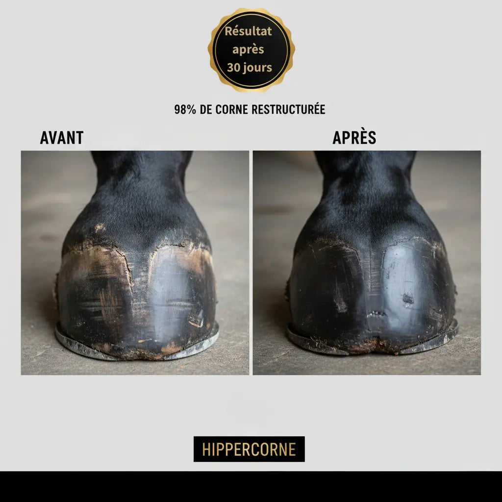 Comparatif avant après application du régénérant sabot Hippercorne sur corne sèche.