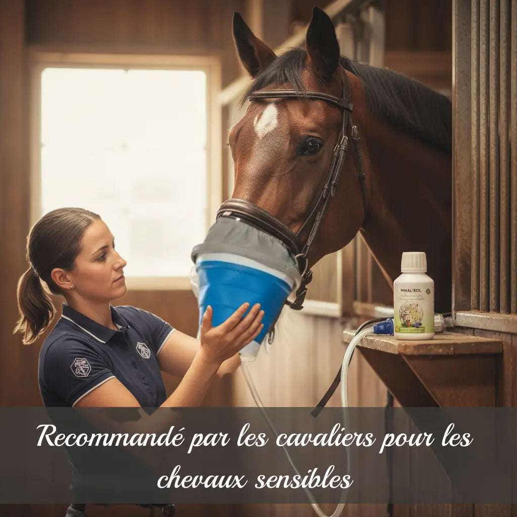 Cavalier utilisant la solution Inhaleol sur son cheval pour soulager sa toux.
