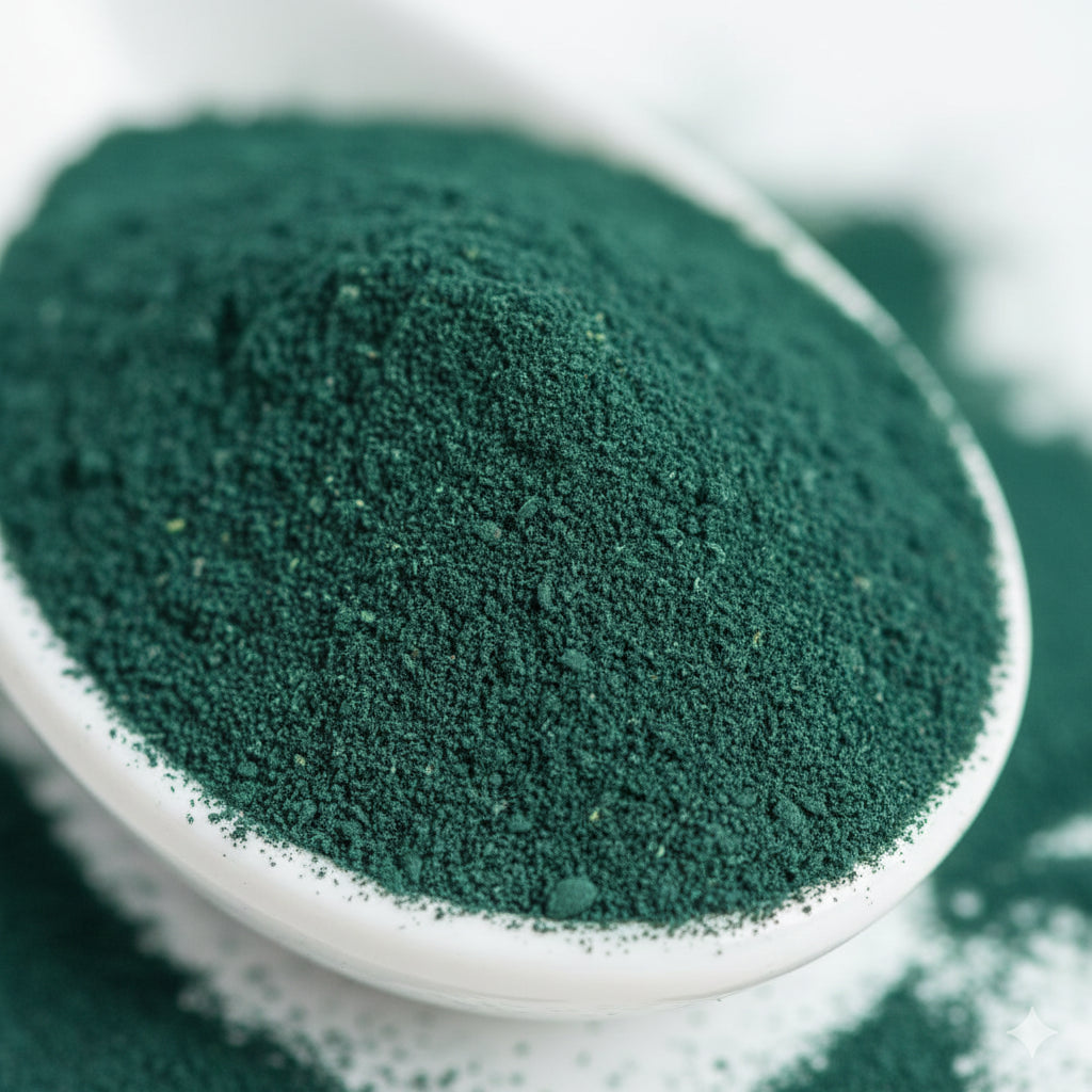 Spiruline pure en poudre vert foncé haute concentration pour chevaux.