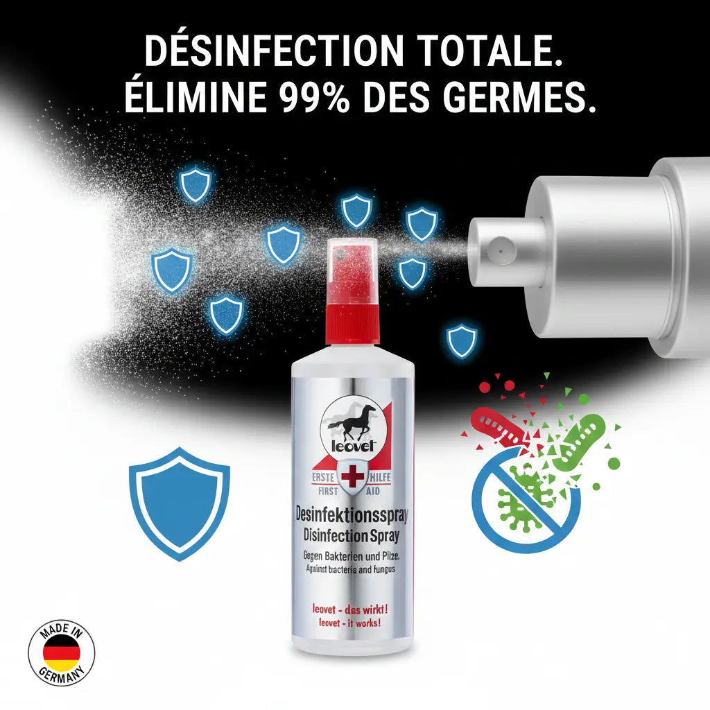 Infographie spray désinfectant Leovet contre les bactéries et champignons.
