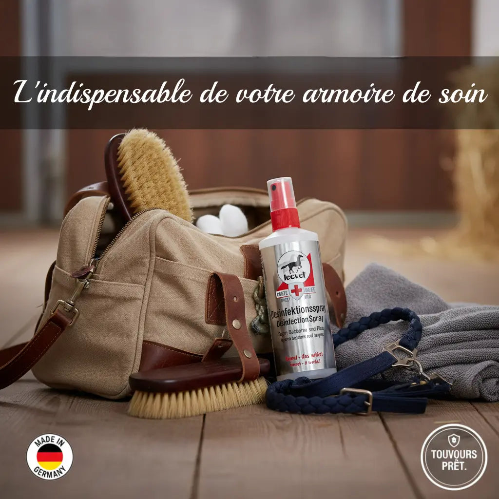 Spray désinfectant Leovet dans une trousse de secours pour cheval.