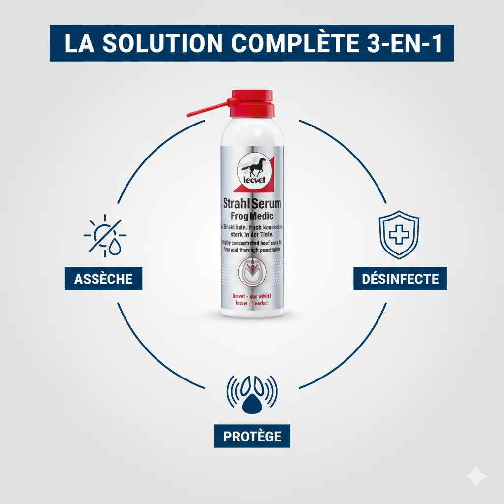 Bénéfices du spray Frog Medic Leovet pour soigner la fourchette du cheval.