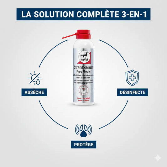 Bénéfices du spray Frog Medic Leovet pour soigner la fourchette du cheval.