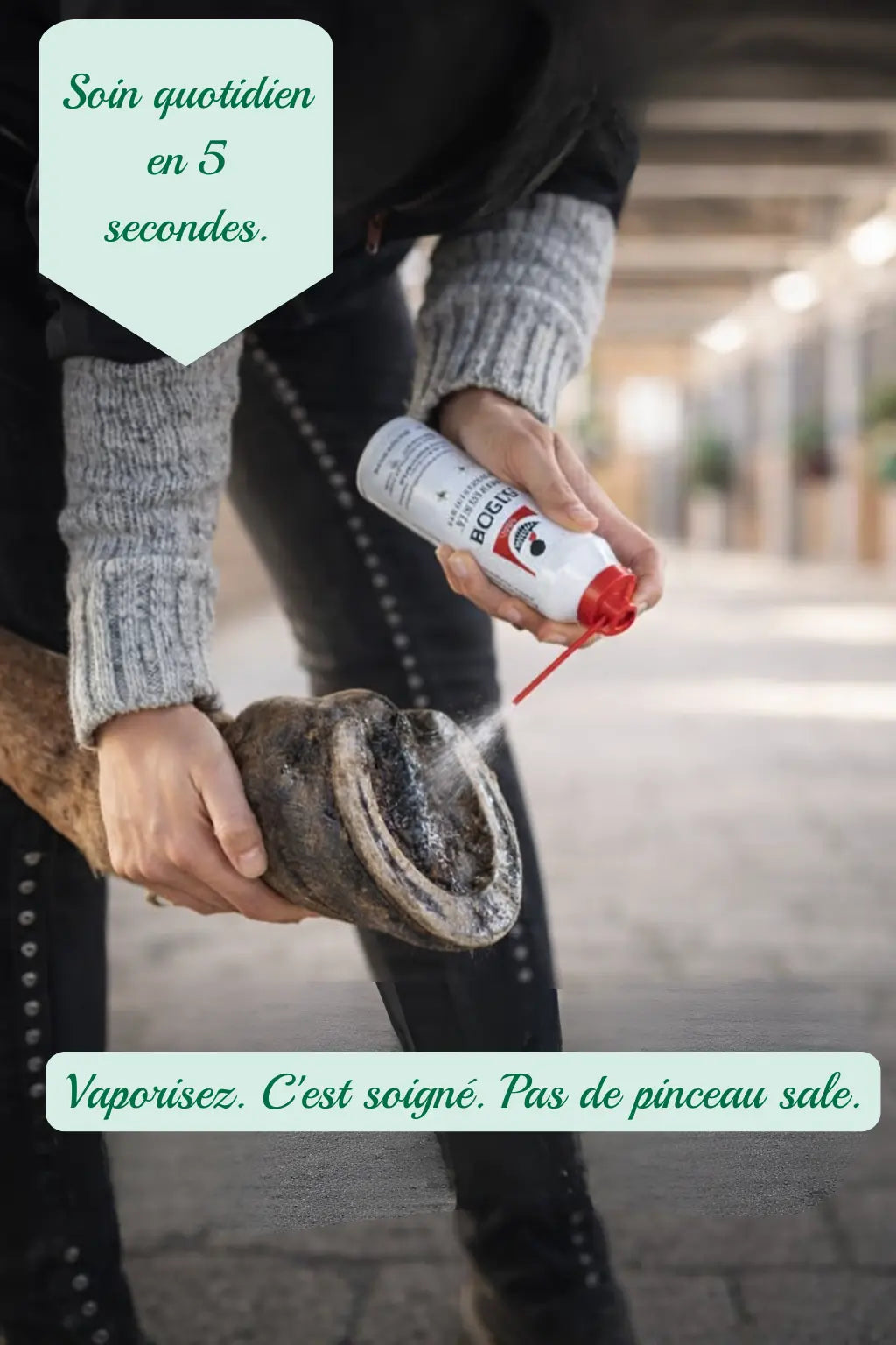 Application rapide du spray Leovet Frog Medic sur les sabots du cheval aux écuries.