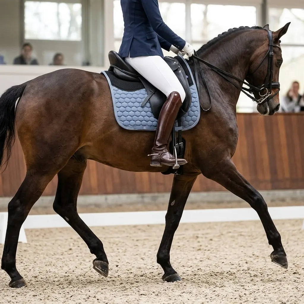 Tapis dressage BR Oblivion bleu Stonewash porté par un cheval en mouvement.