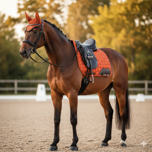 Tapis de dressage LeMieux Loire Satin coloris Sienna sur un cheval.