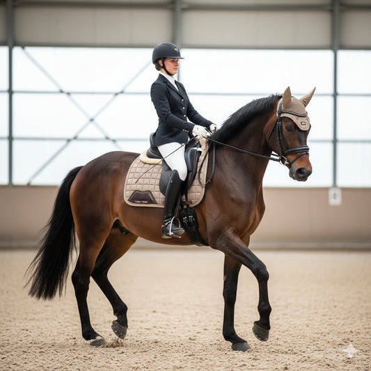 Ensemble tapis de dressage et bonnet LeMieux Loire Prosecco sur cheval bai.