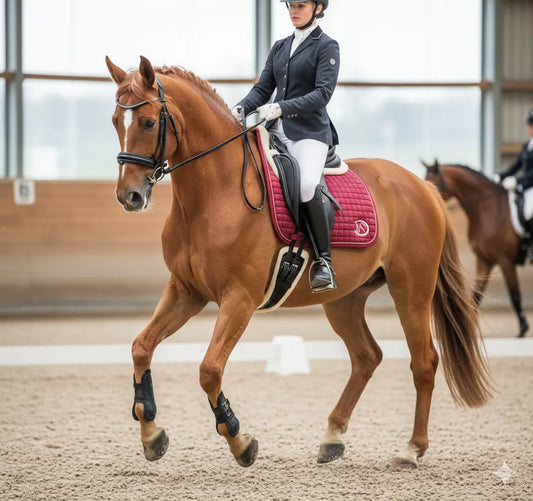 Tapis de dressage Bordeaux RidersChoice porté à l'entraînement.