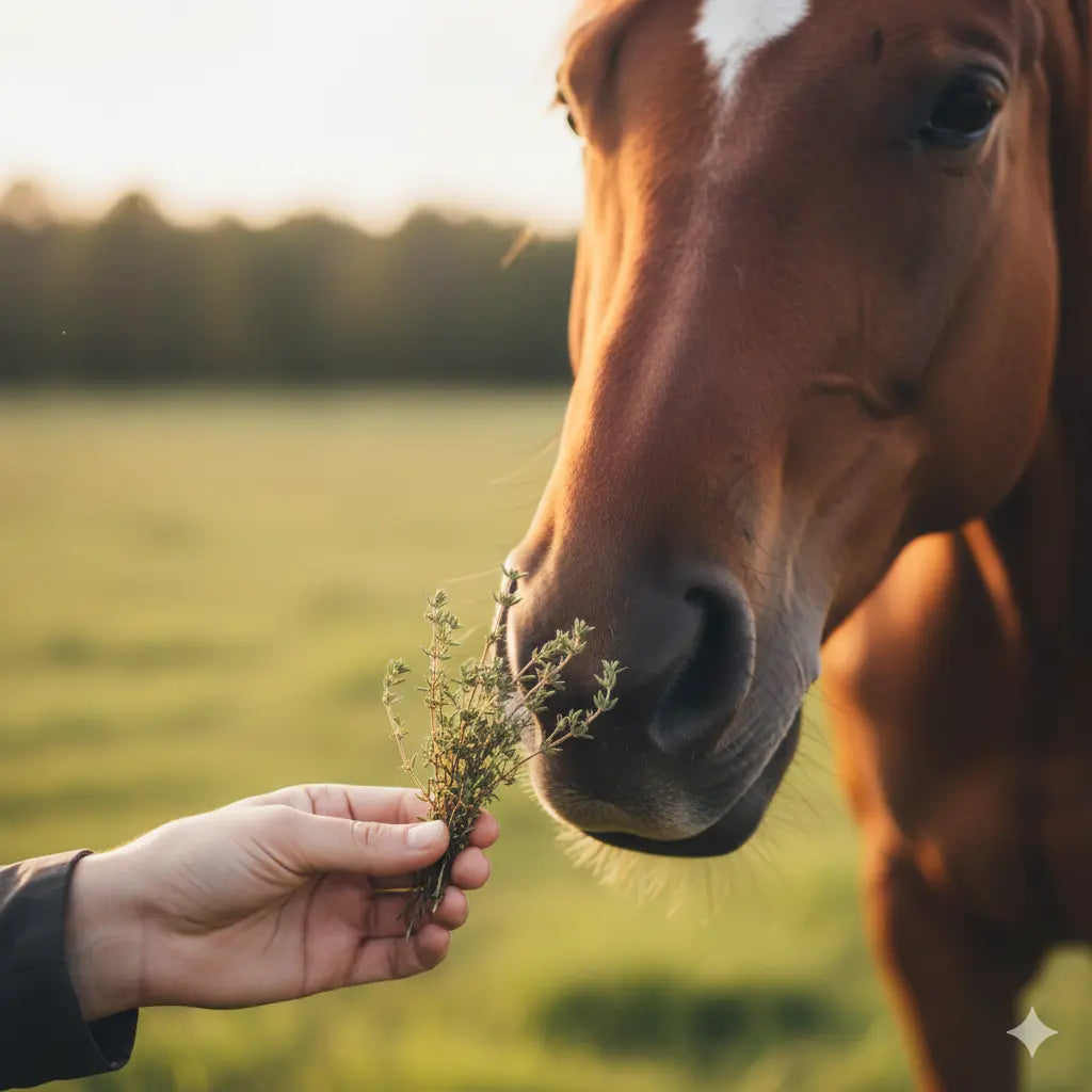 Administration du thym naturel dans la ration du cheval.