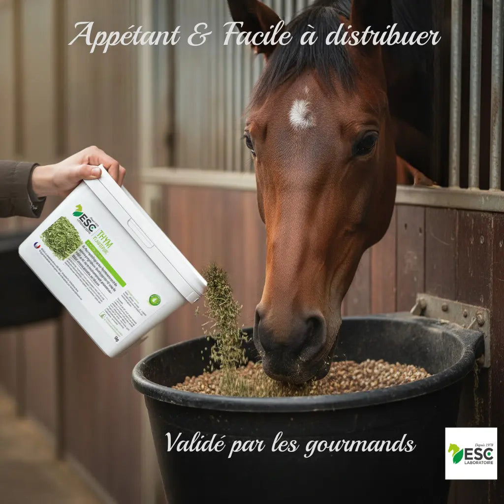 Complément respiratoire thym facile à mélanger à la ration du cheval.