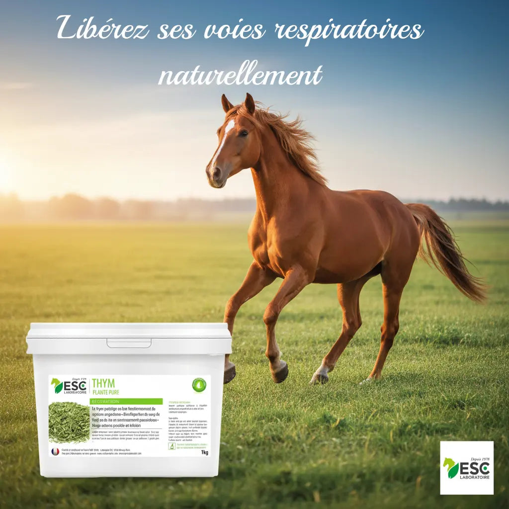 Cheval au galop respirant librement grâce au thym naturel Equinspiration.