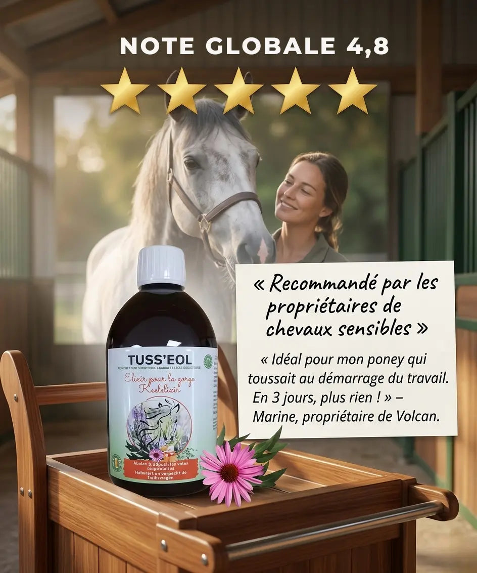 Avis client et note du sirop pour la toux du cheval Tuss'eol Equinspiration.
