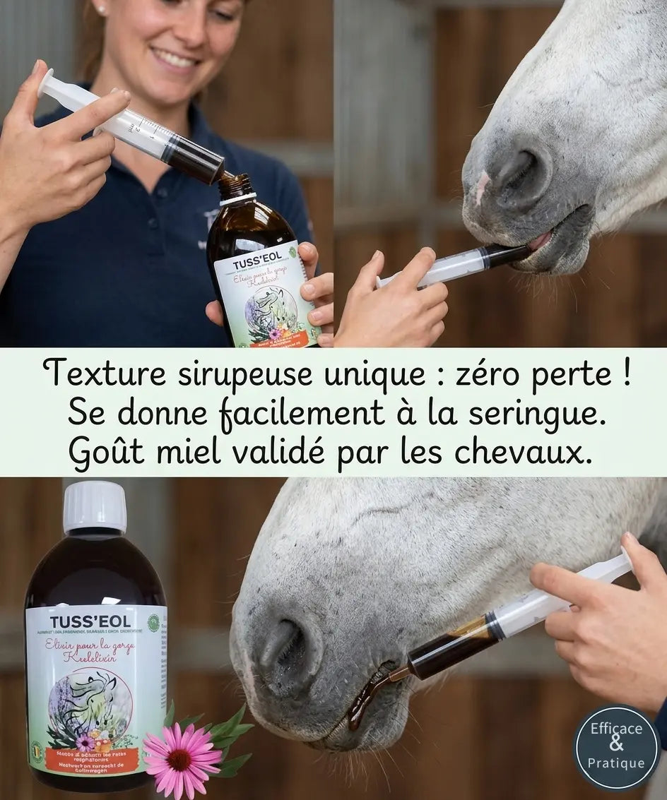 Administration facile du sirop respiratoire cheval Tuss'eol à la seringue sans couler.