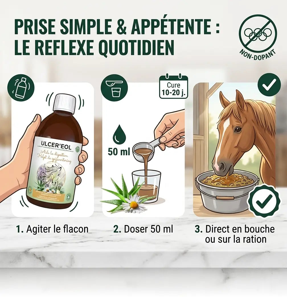 Administration simple du complement alimentaire Ulcereol sur la ration du cheval.