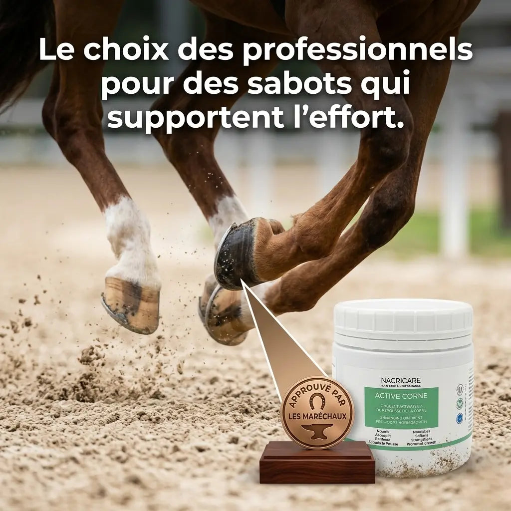 Cheval de sport au galop montrant des sabots sains entretenus avec Active Corne.