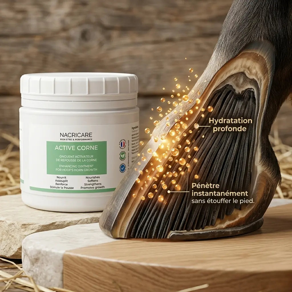 Huile sabot cheval Active Corne pénétrant dans la paroi pour une hydratation optimale.
