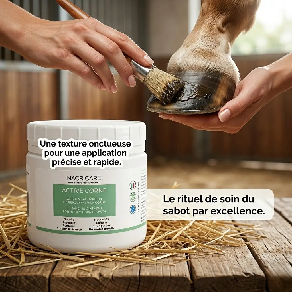 Application du soin Active Corne au pinceau sur le sabot d'un cheval aux écuries.