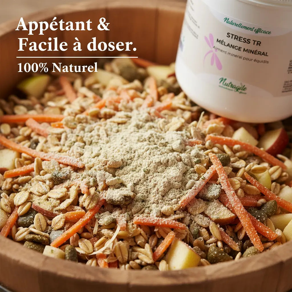 Poudre anti-stress naturelle pour cheval facile à mélanger à la ration.