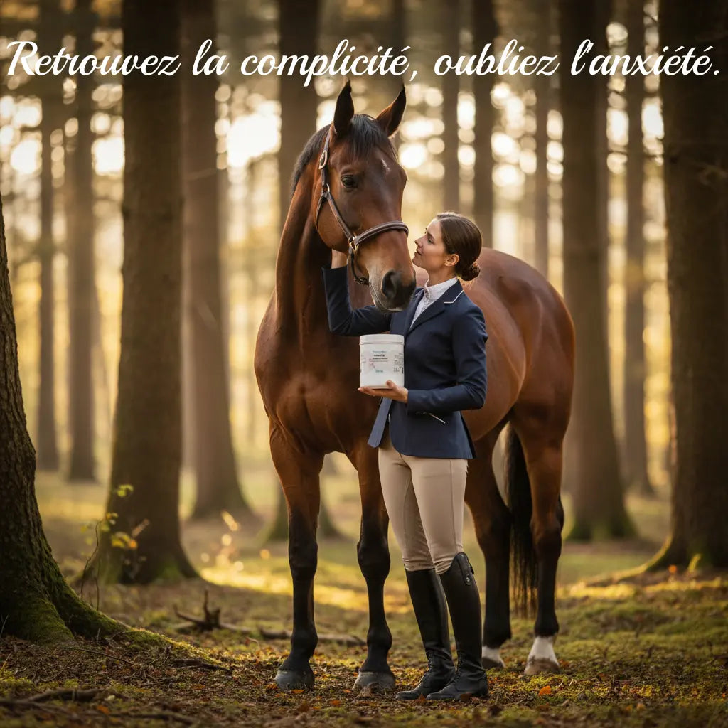 Cheval calme et serein en extérieur grâce au complément Stress-TR.