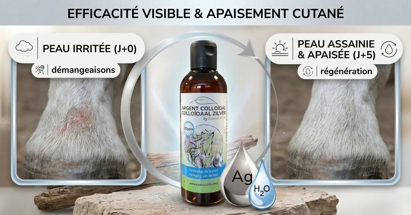 Avant après résultats argent colloïdal régénération peau et cicatrisation cheval