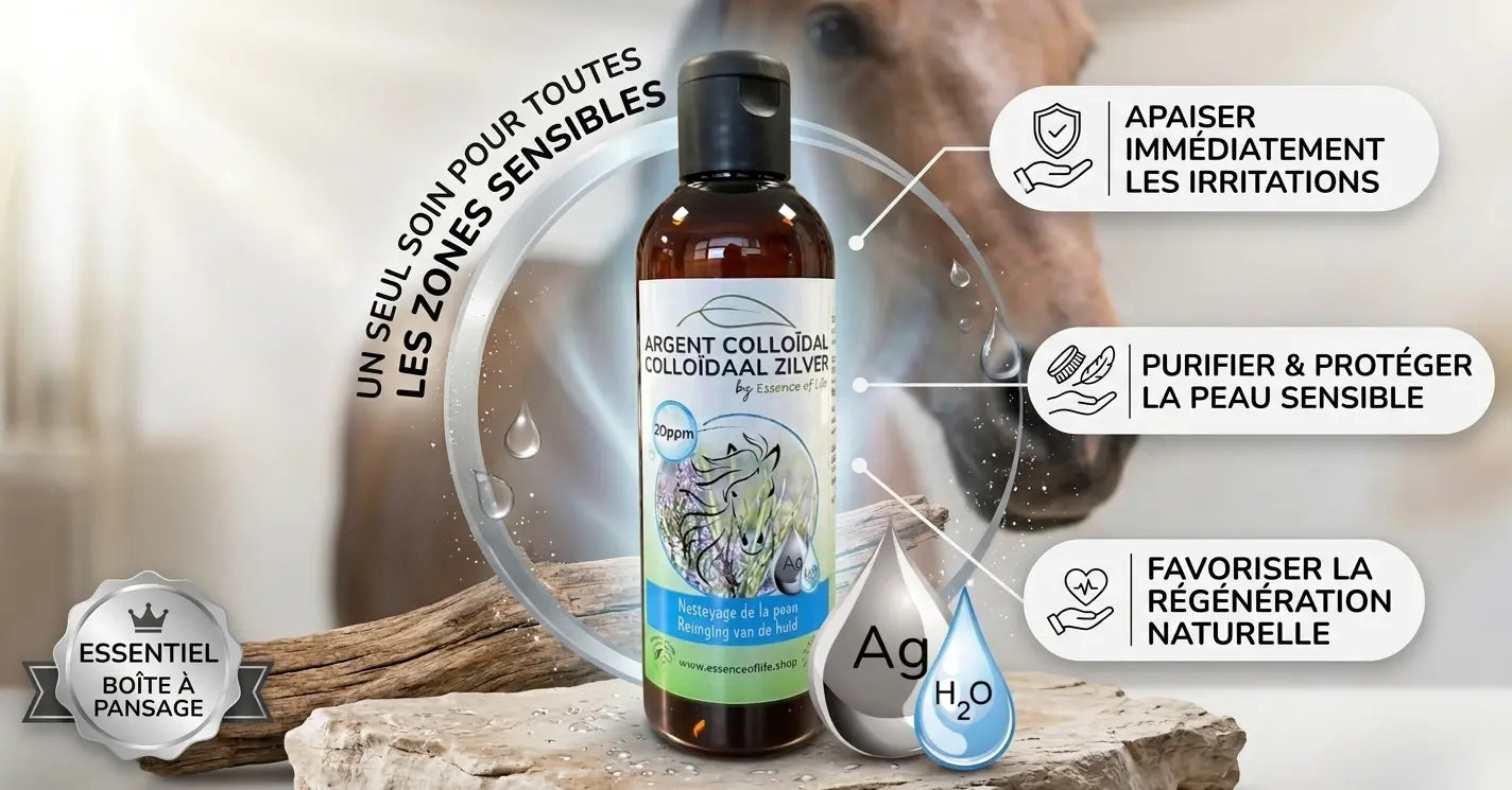 Zones d'application de l'argent colloïdal cheval contre démangeaisons et irritations cutanées