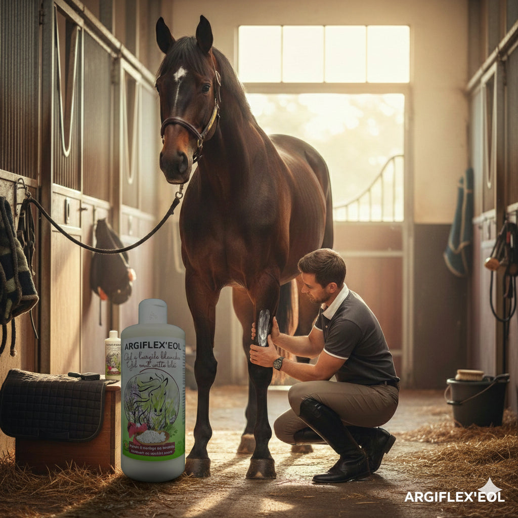 Cavalier appliquant le gel Argiflexeol sur son cheval après l'entraînement.