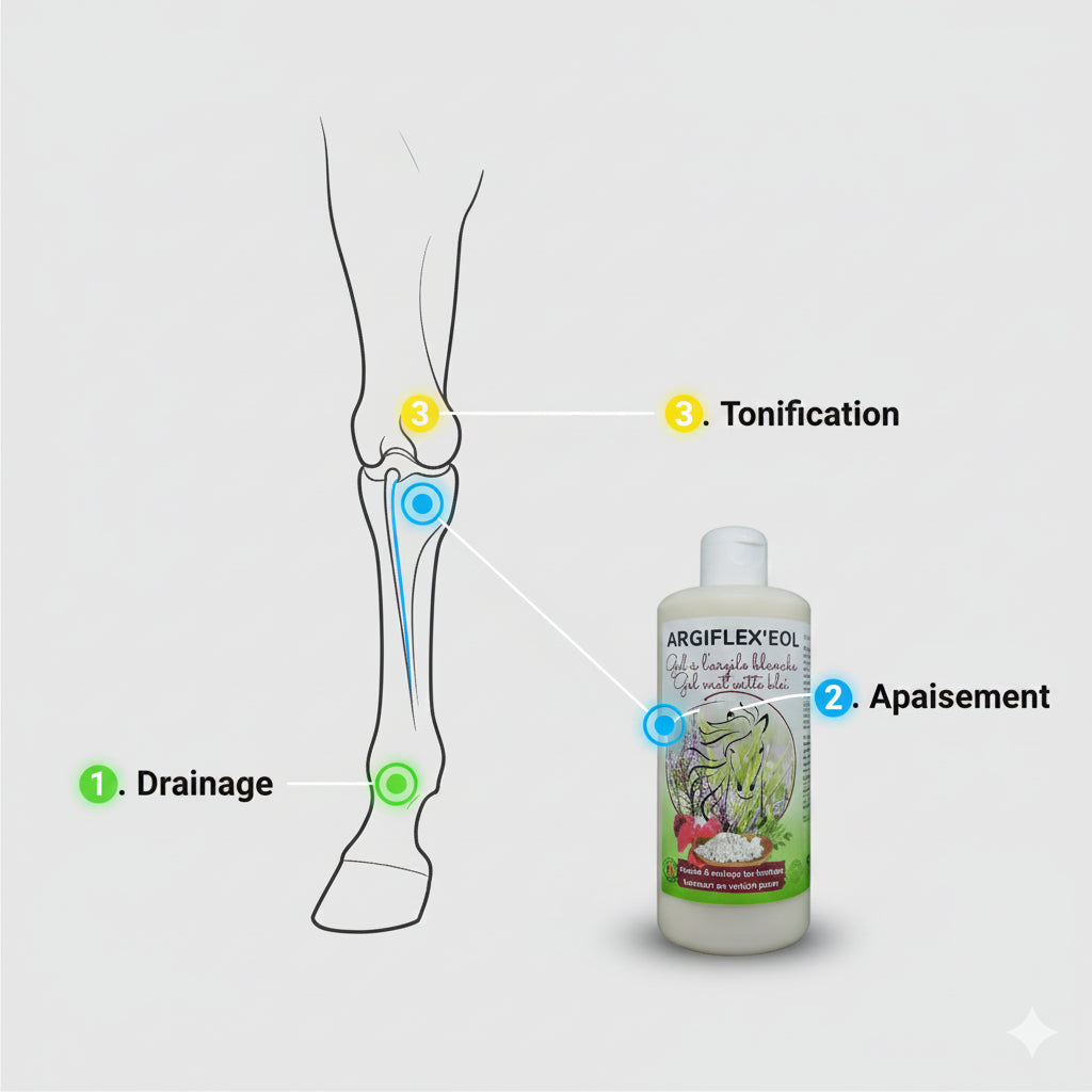 shéma des points d'action ciblé d'argiflex sur les membres du cheval 
