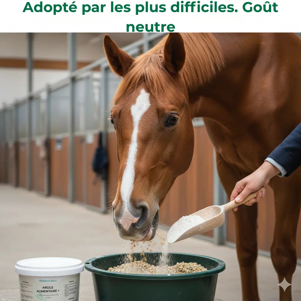 Cheval mangeant sa ration avec de l'argile Nutragile sans hésitation.