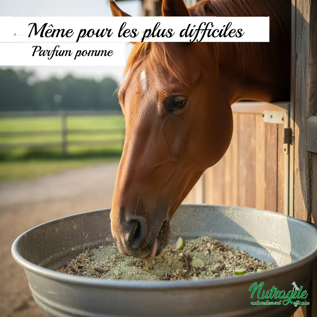 Cheval mangeant son argile Nutragile à la pomme avec plaisir.