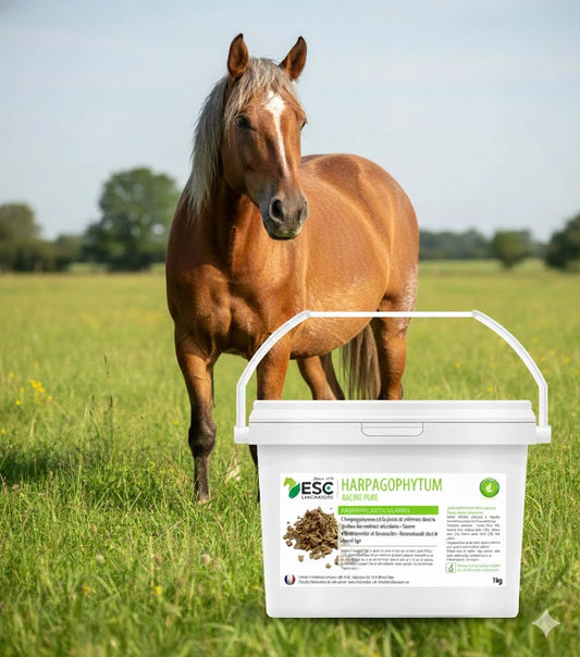 Seau Harpagophytum pur 1kg plante anti-arthrose et raideurs articulaires cheval présenté avec un cheval dans un près