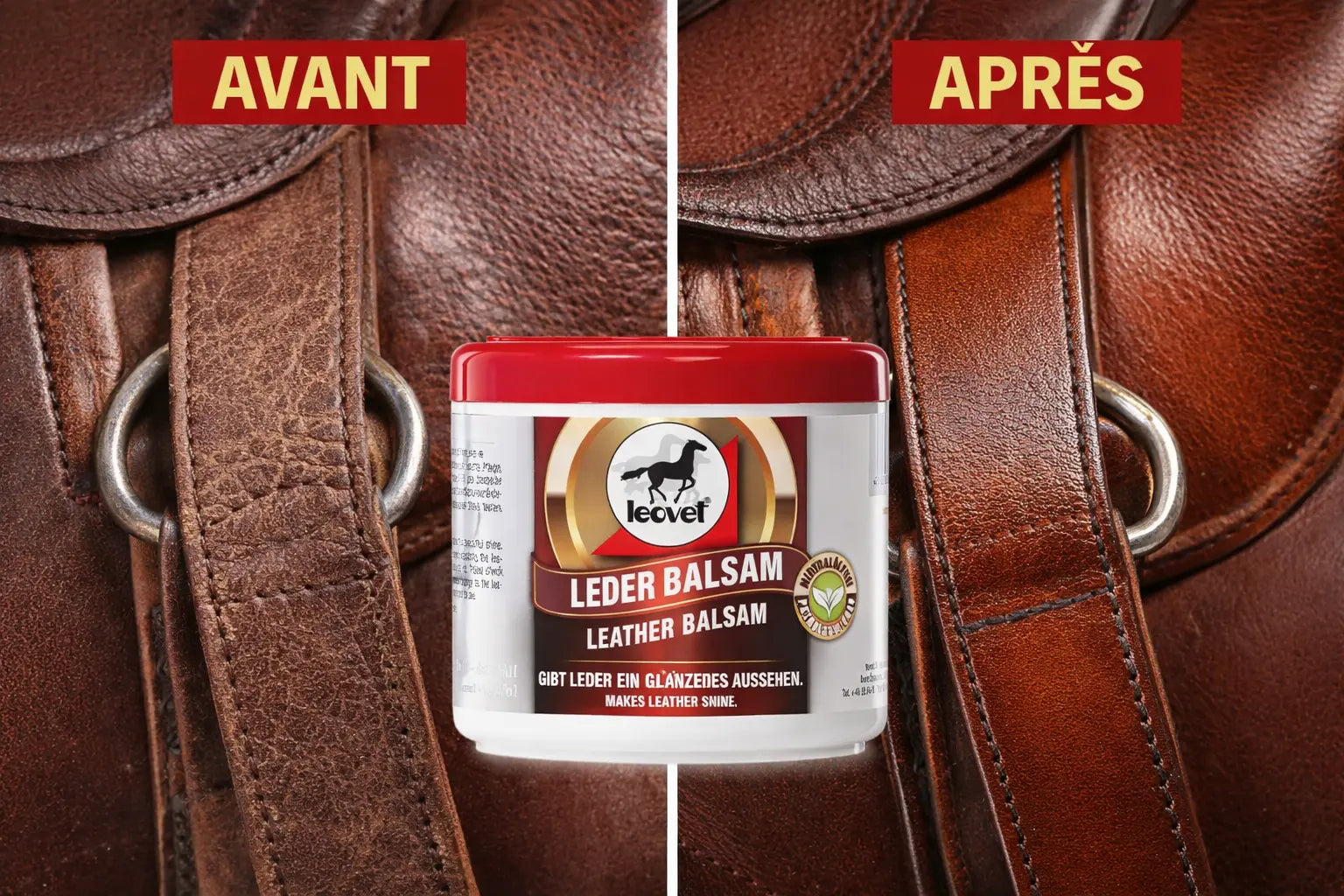 Comparatif avant après application baume cuir Leovet sur selle équitation.
