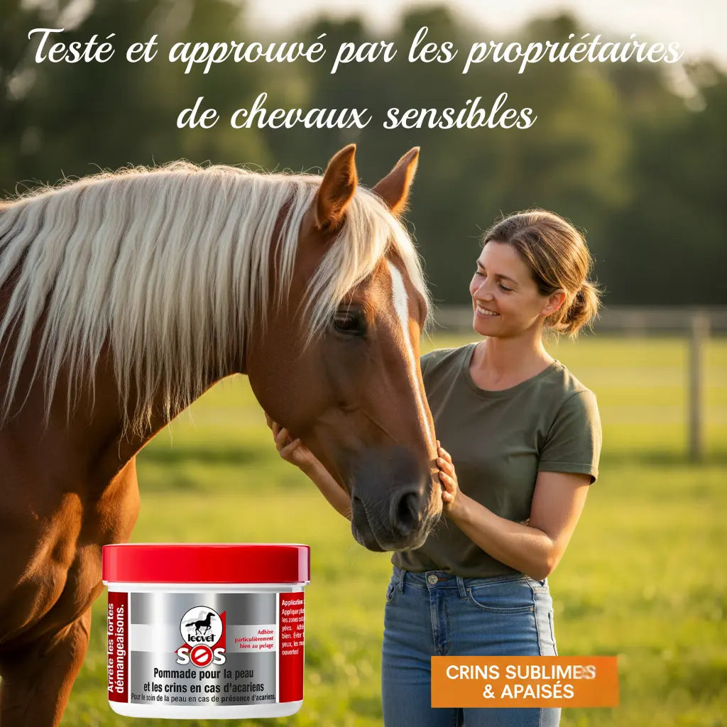 Cavalière heureuse avec son cheval aux crins soignés grâce au Baume SOS Leovet.