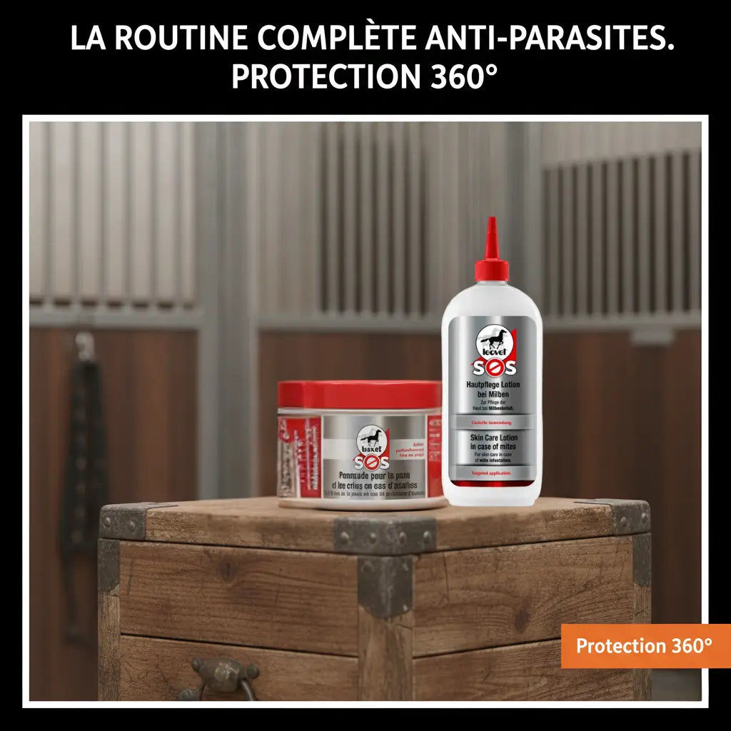 Gamme SOS Parasite Leovet : baume, shampoing et lotion pour une protection totale du cheval.
